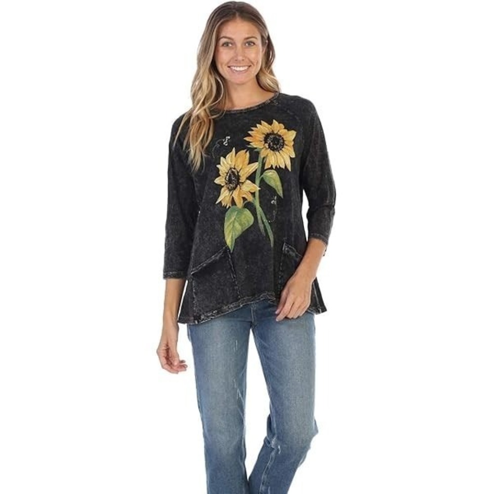 Jess & Jane Tunic Top M Black Mineral Wash Sunflower Pockets Lagenlook Artsy